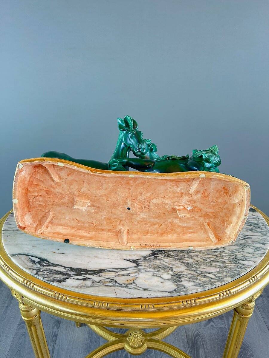 Glazed Ceramic Sculpture, Two Horses, Signed R. Prunet, 20th Century