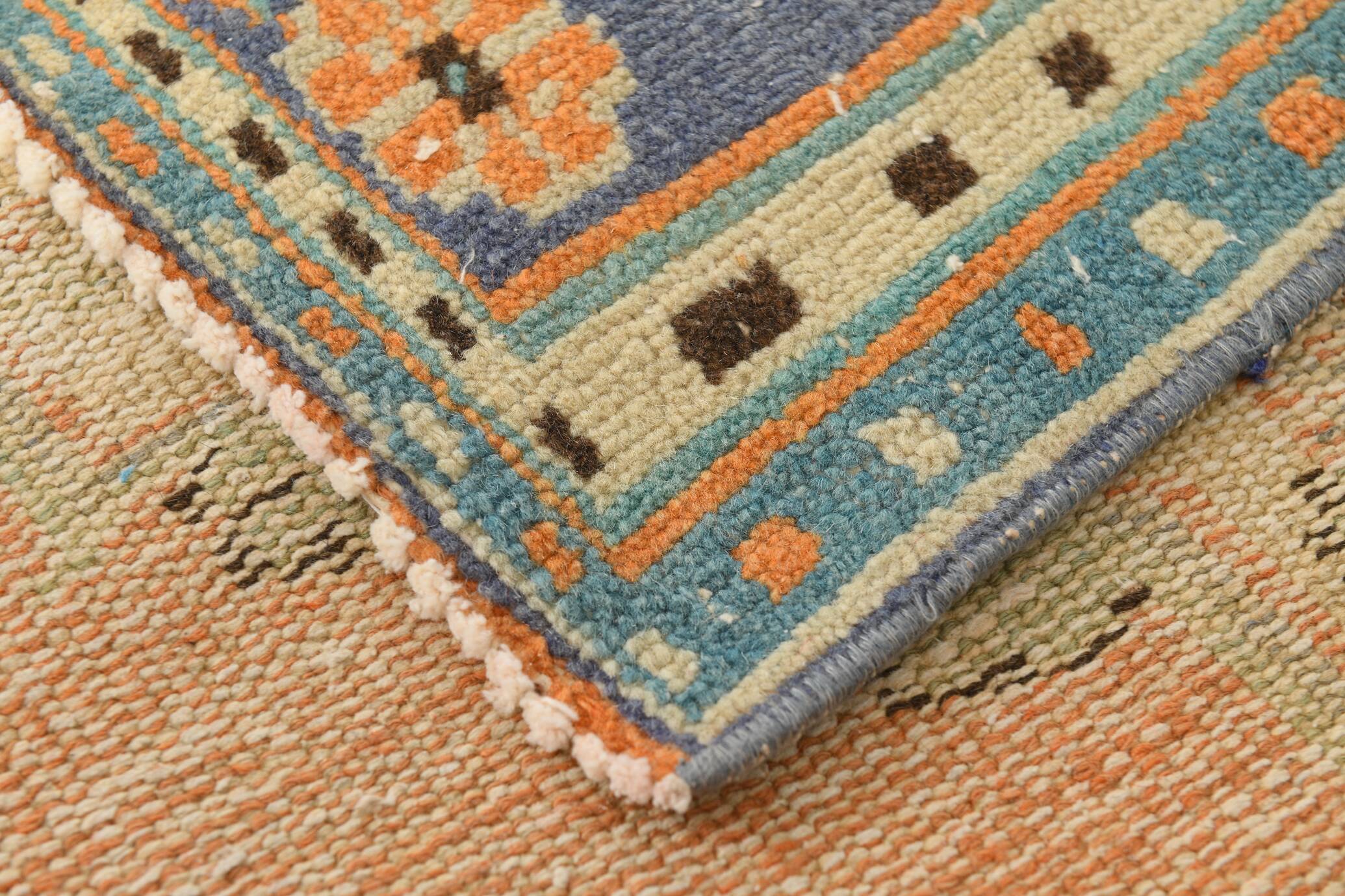 6x9 Vintage Peach Color Blue Medallion Handmade Vintage Rug, 175x290 Cm