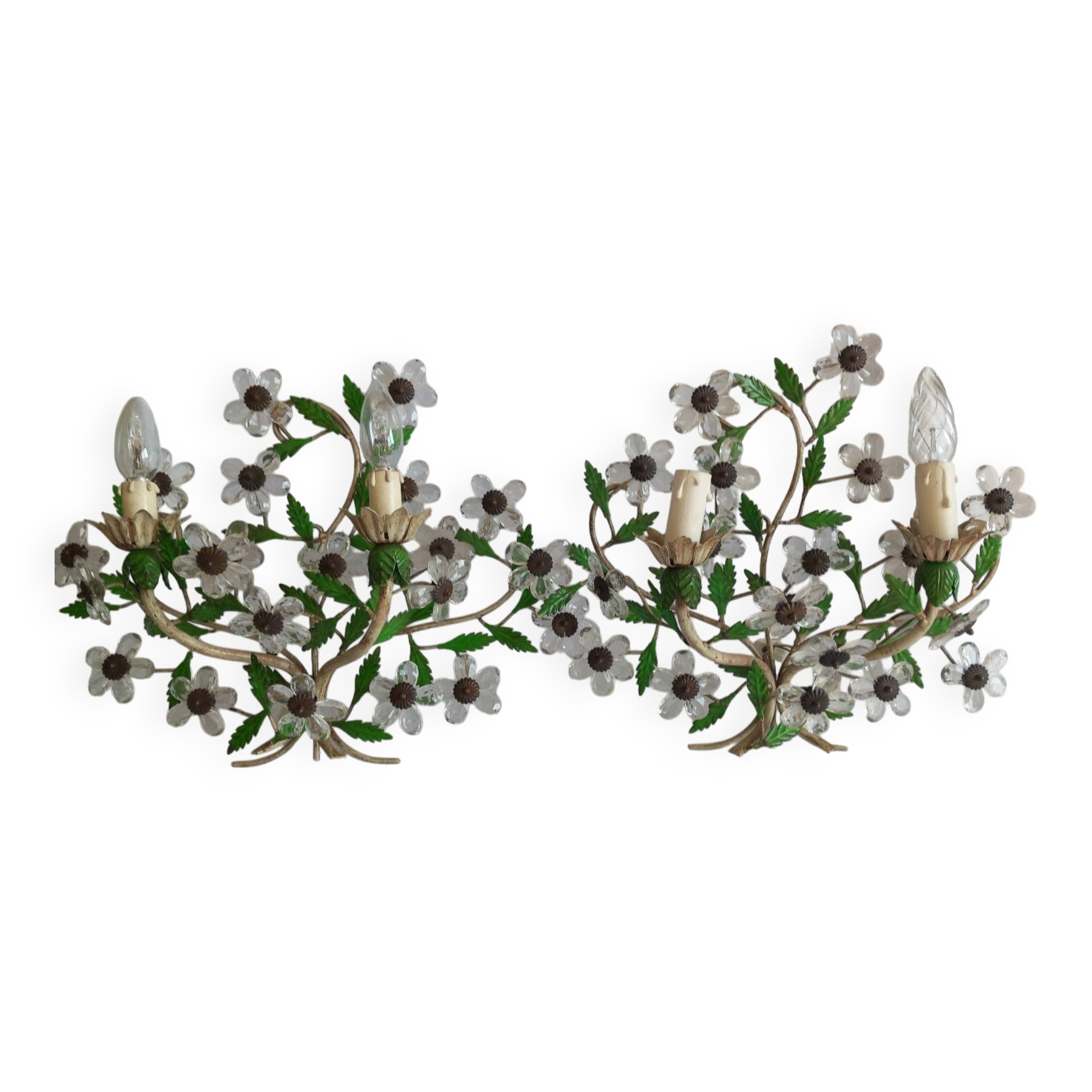 Paire d’appliques murales italiennes Florentine  tole et verre
