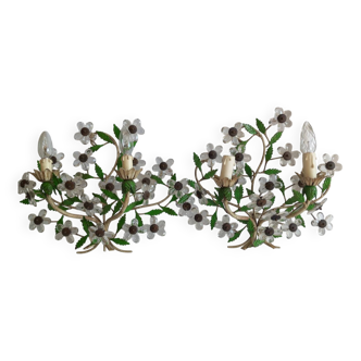 Pair of Italian Florentine wall sconces in tin and glass.