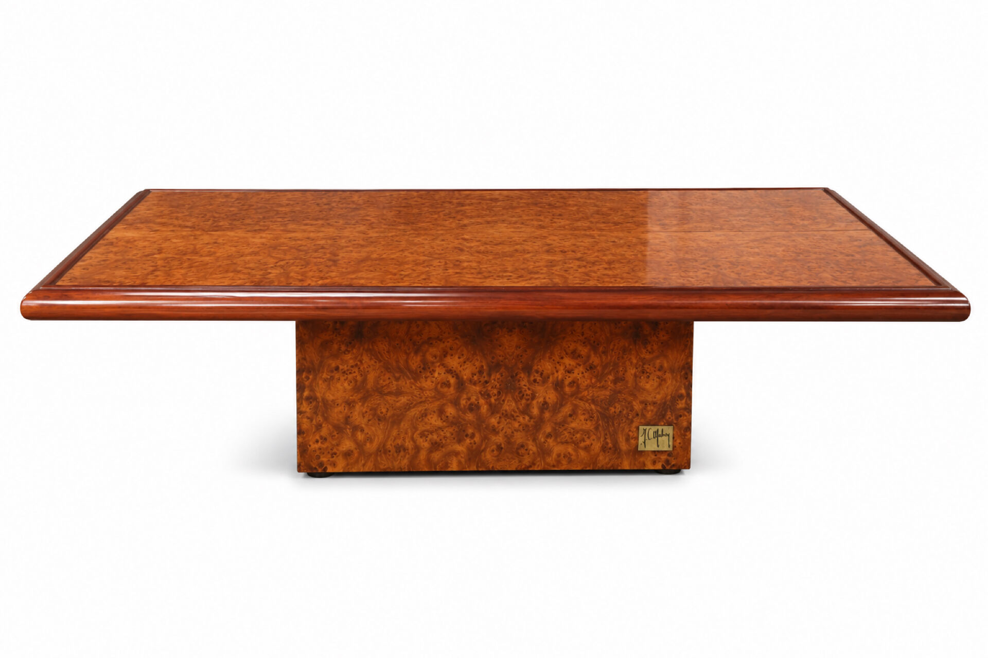 Table basse vintage en loupe d’orme signée Jean-Claude Mahey,années 70