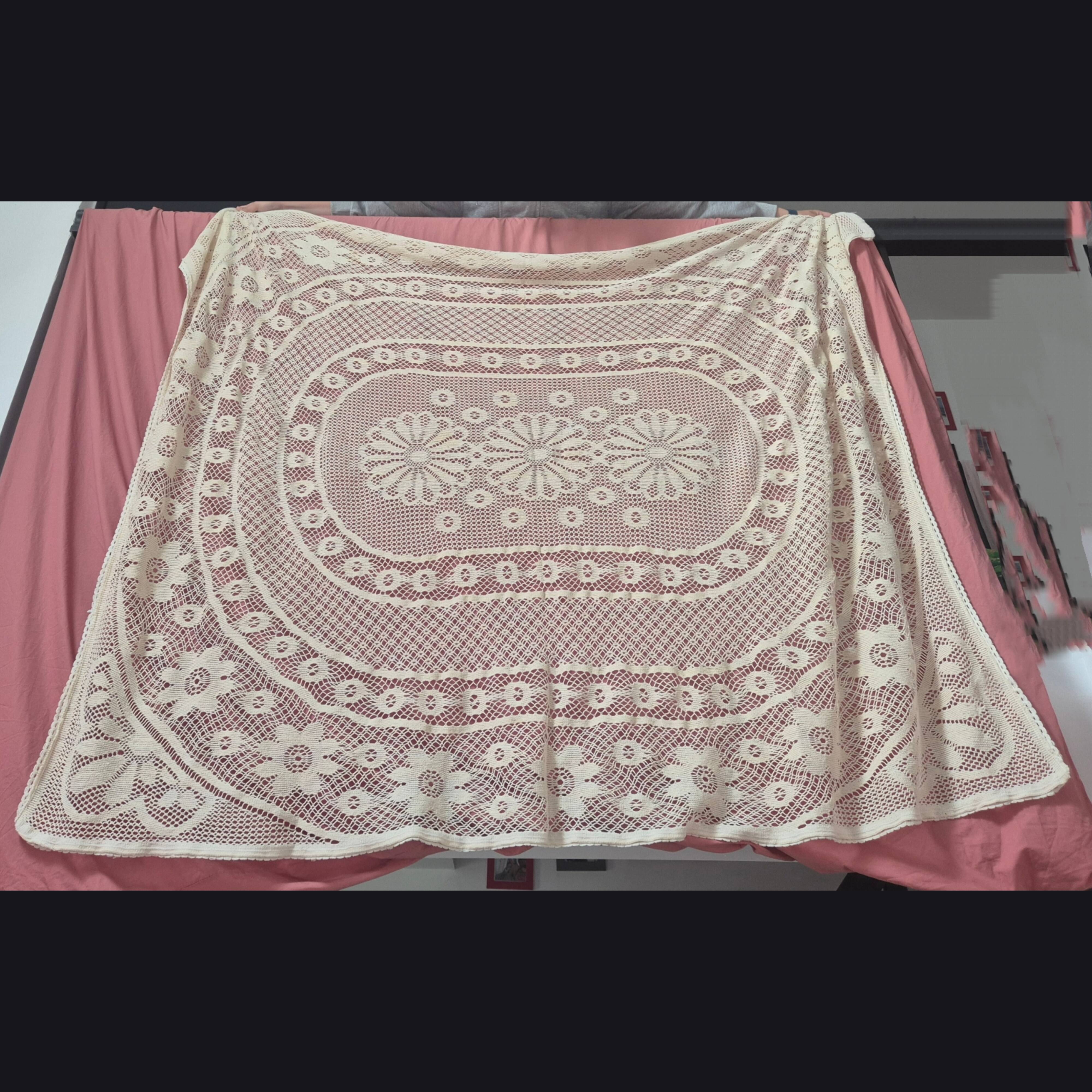 vintage rectangular beige crochet tablecloth
