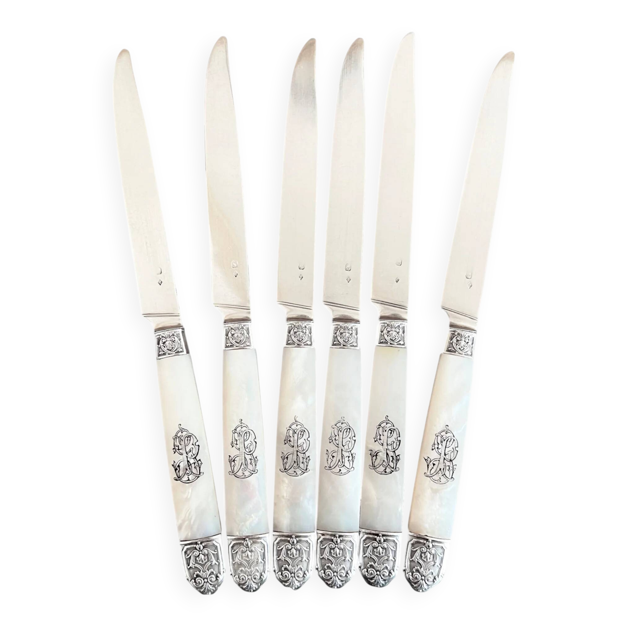 6 mother-of-pearl and sterling silver fruit knives, Hénin & Vivier (1891-1896)