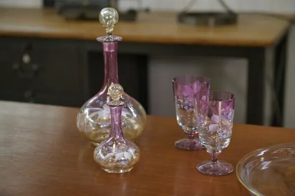 Set of pink blown glass carafes and glasses, 1950s