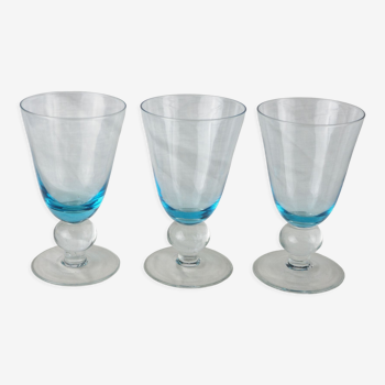 Set of 3 wine glass of the 70s with blue manure