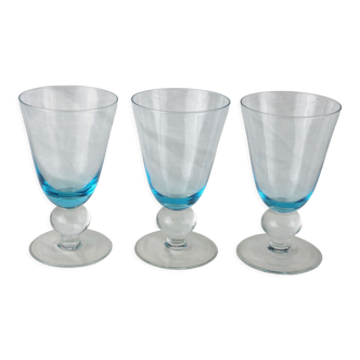 Set of 3 wine glass of the 70s with blue manure