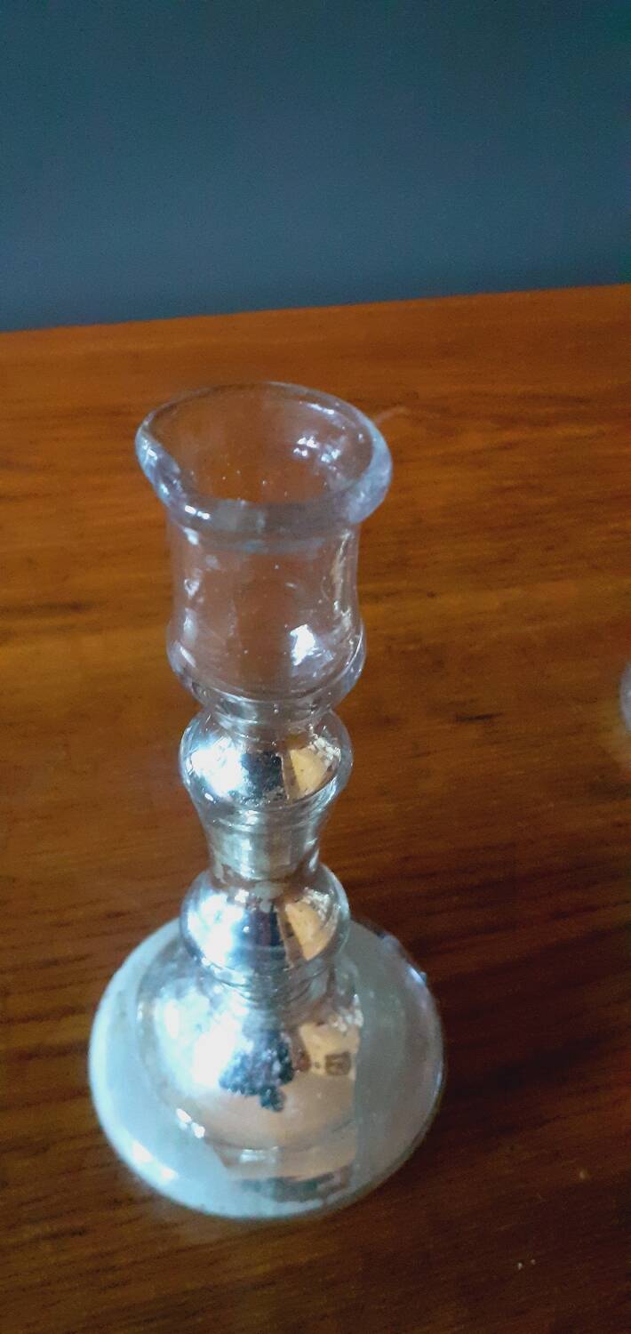 Pair Of Old Candlesticks In Eglomized/Mercurized Glass