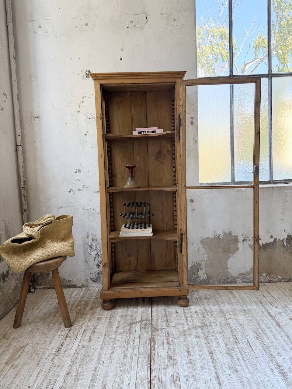 19th-century English pine display cabinet