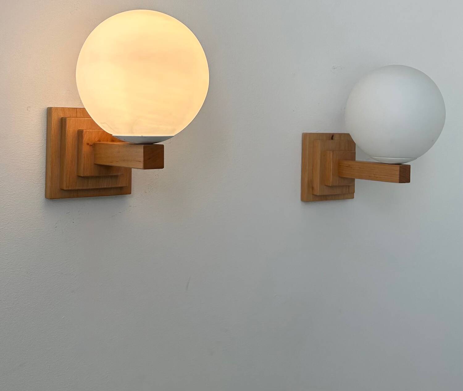 Pair of vintage wall lights, oak and opaline, France 1960
