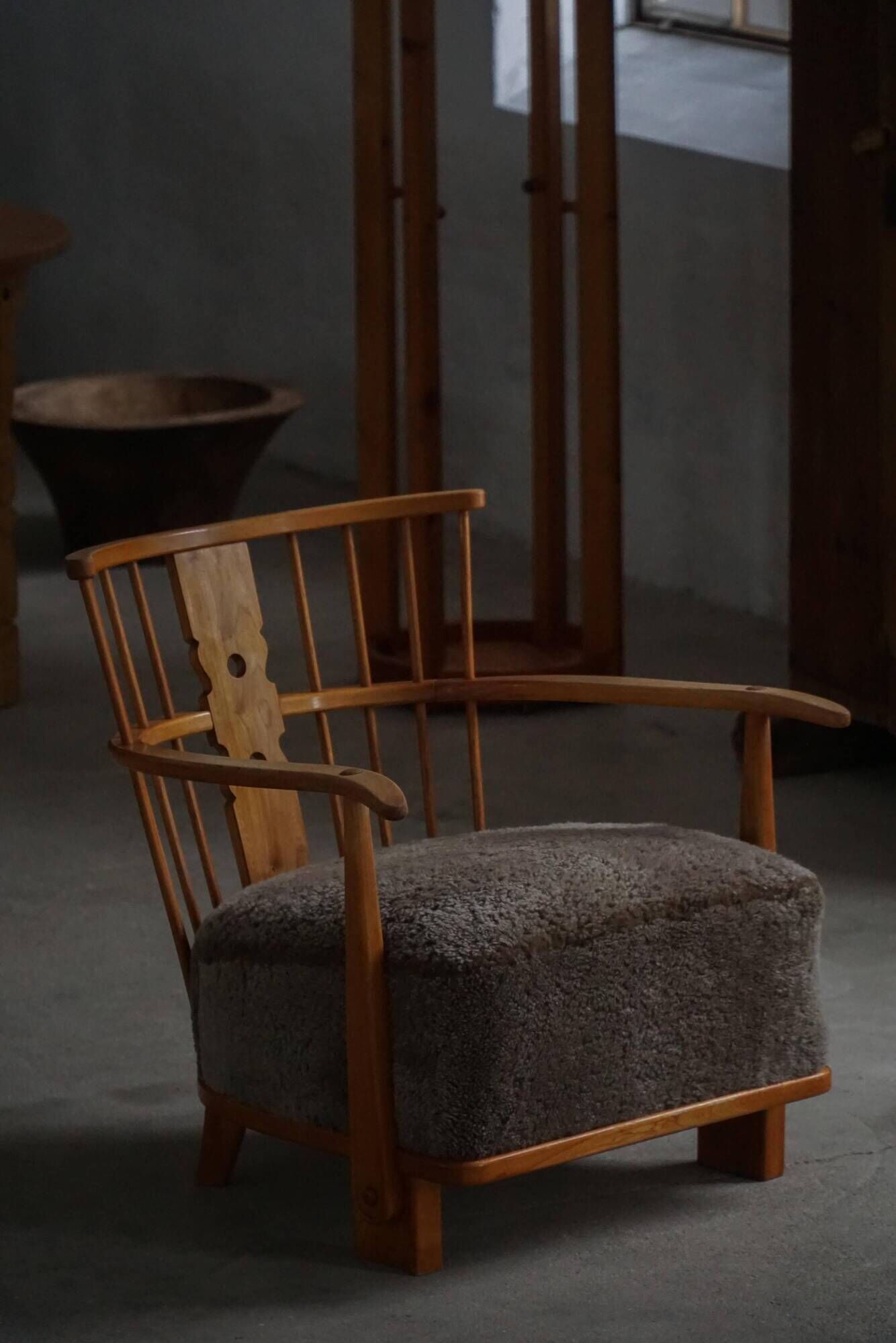 Armchair by Fritz Hansen, Model 1590, Elm & Lambswool, Scandinavian Modern, 1940s