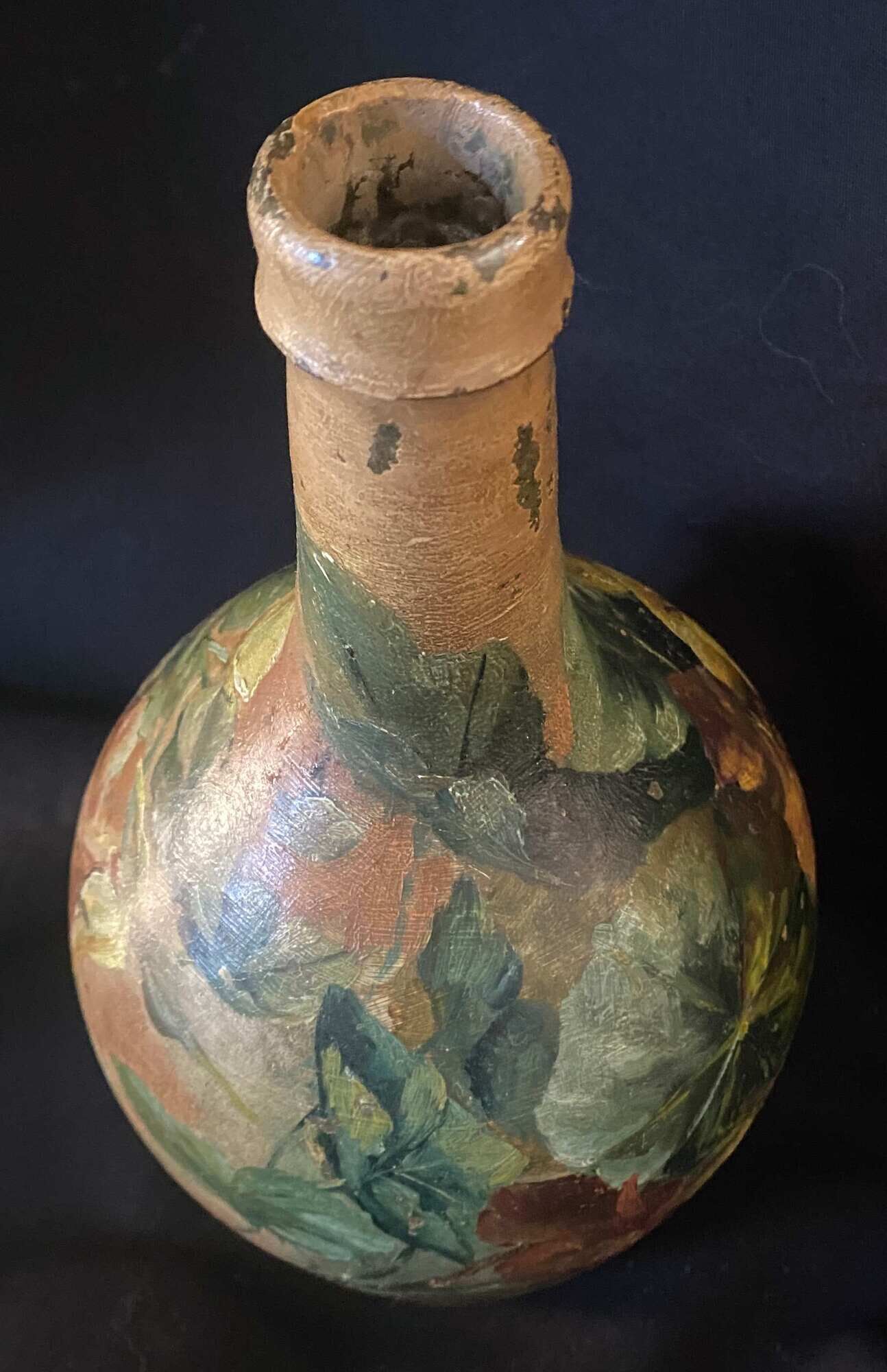 Beautiful bottle B old sandstone painted with floral motifs Folk art Puisaye