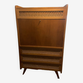 Vintage wooden and rattan secretary