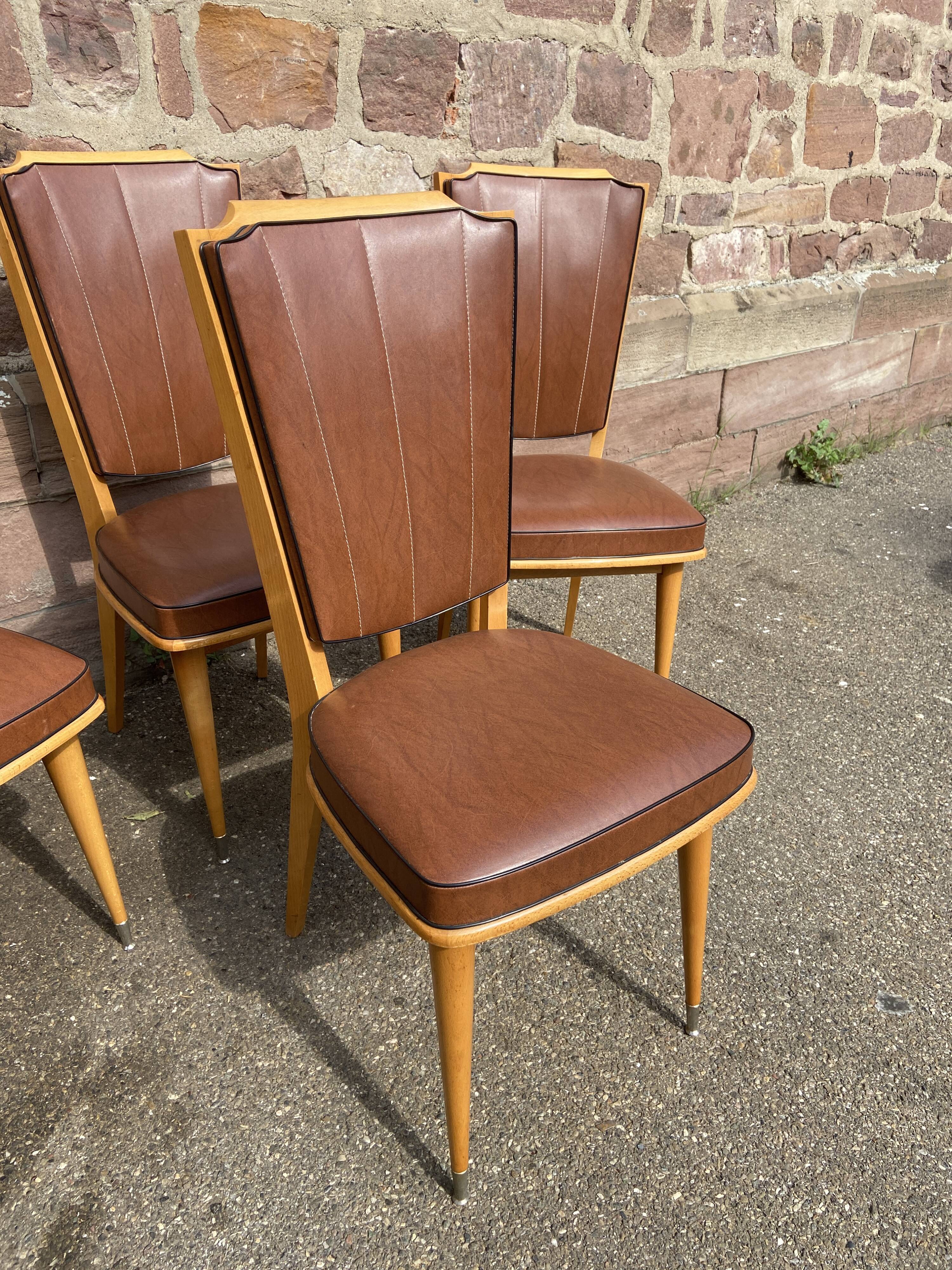 4 vintage chairs 1950 mid-century Scandinavian compass feet imitation leather Skaï