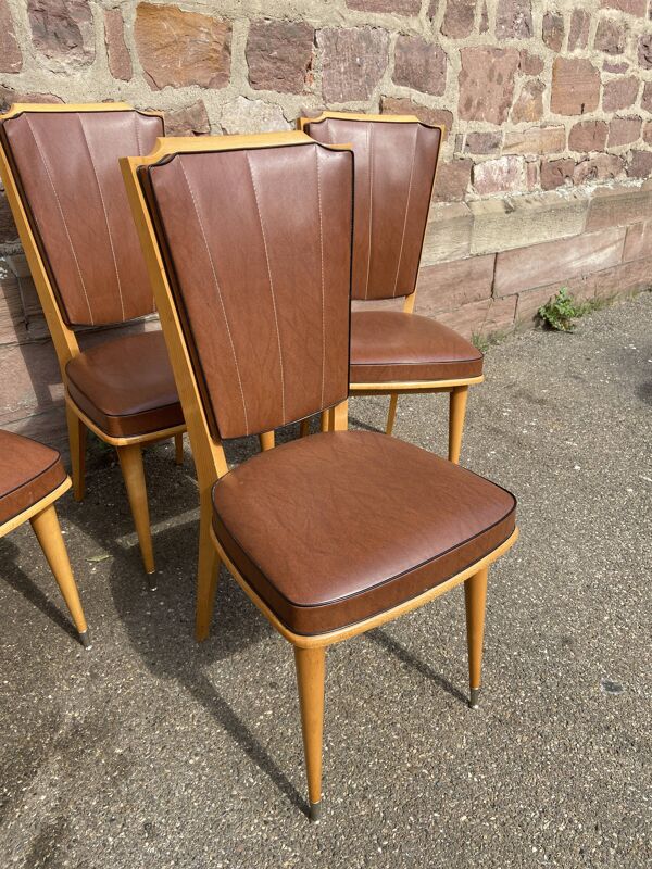 Set de 4 chaises vintage 1950 mid-century scandinave pieds compas simili cuir Skaï
