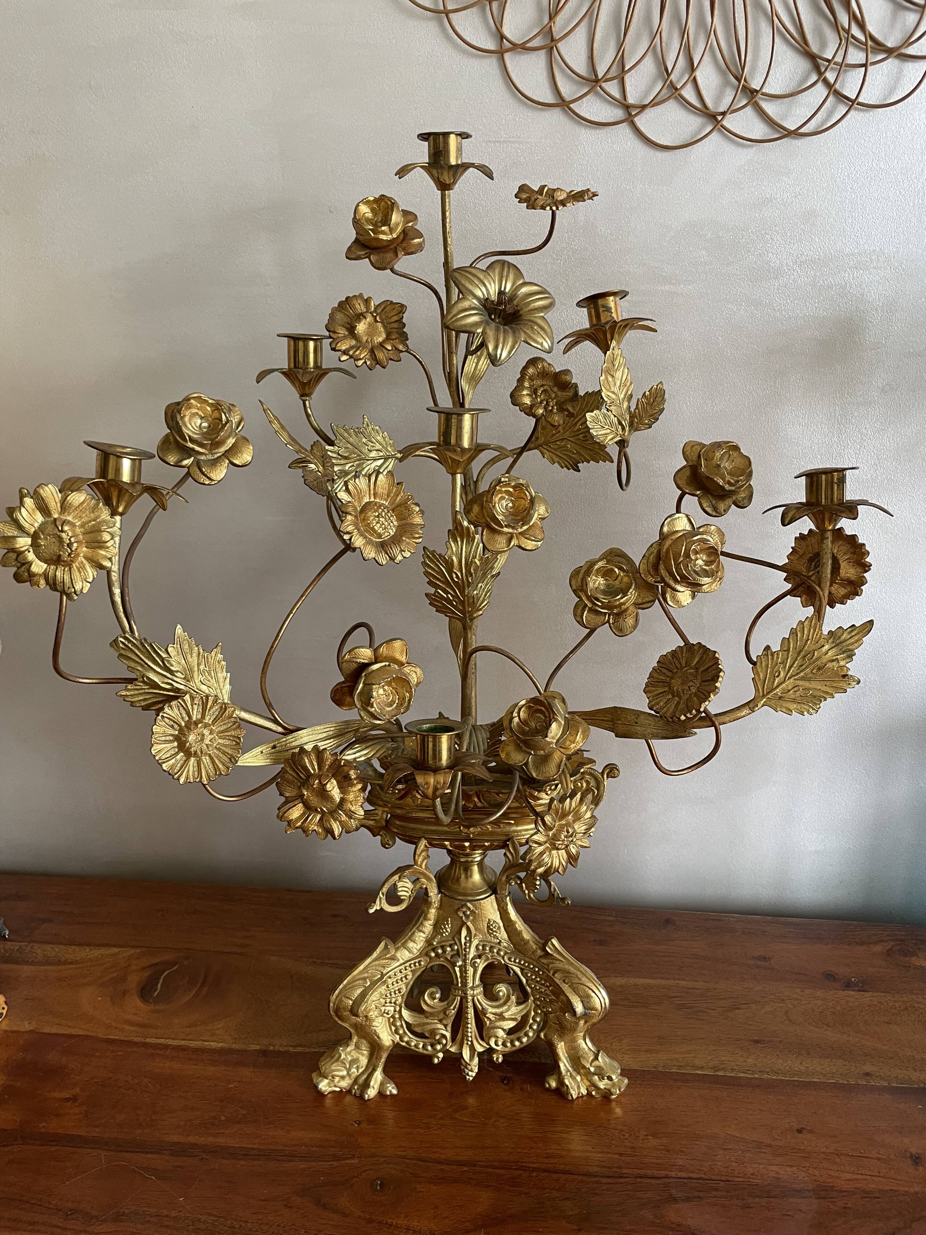 Brass church candelabra with fleur-de-lys