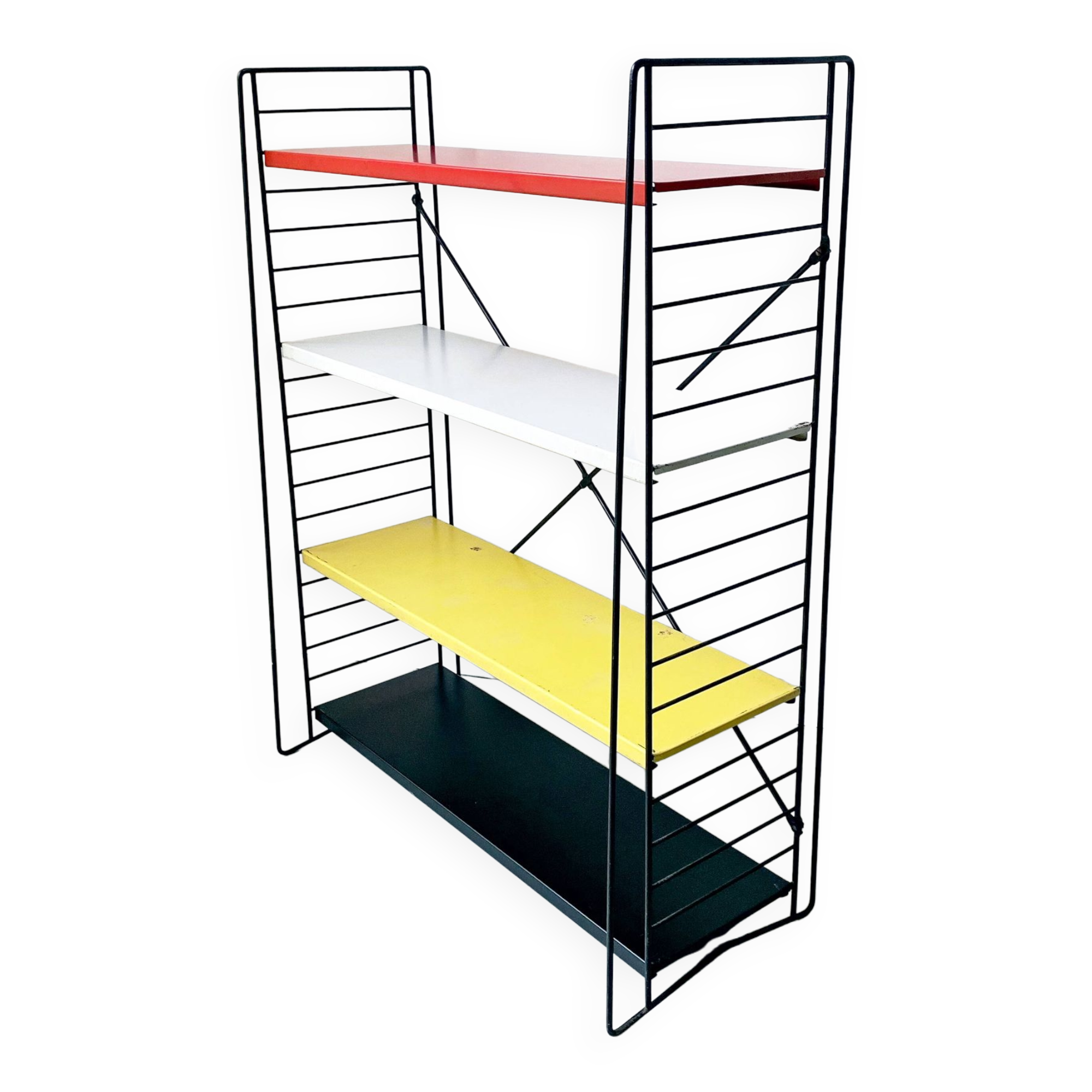 Mid century free standing tomado shelving system / bookcase designed by d. dekker