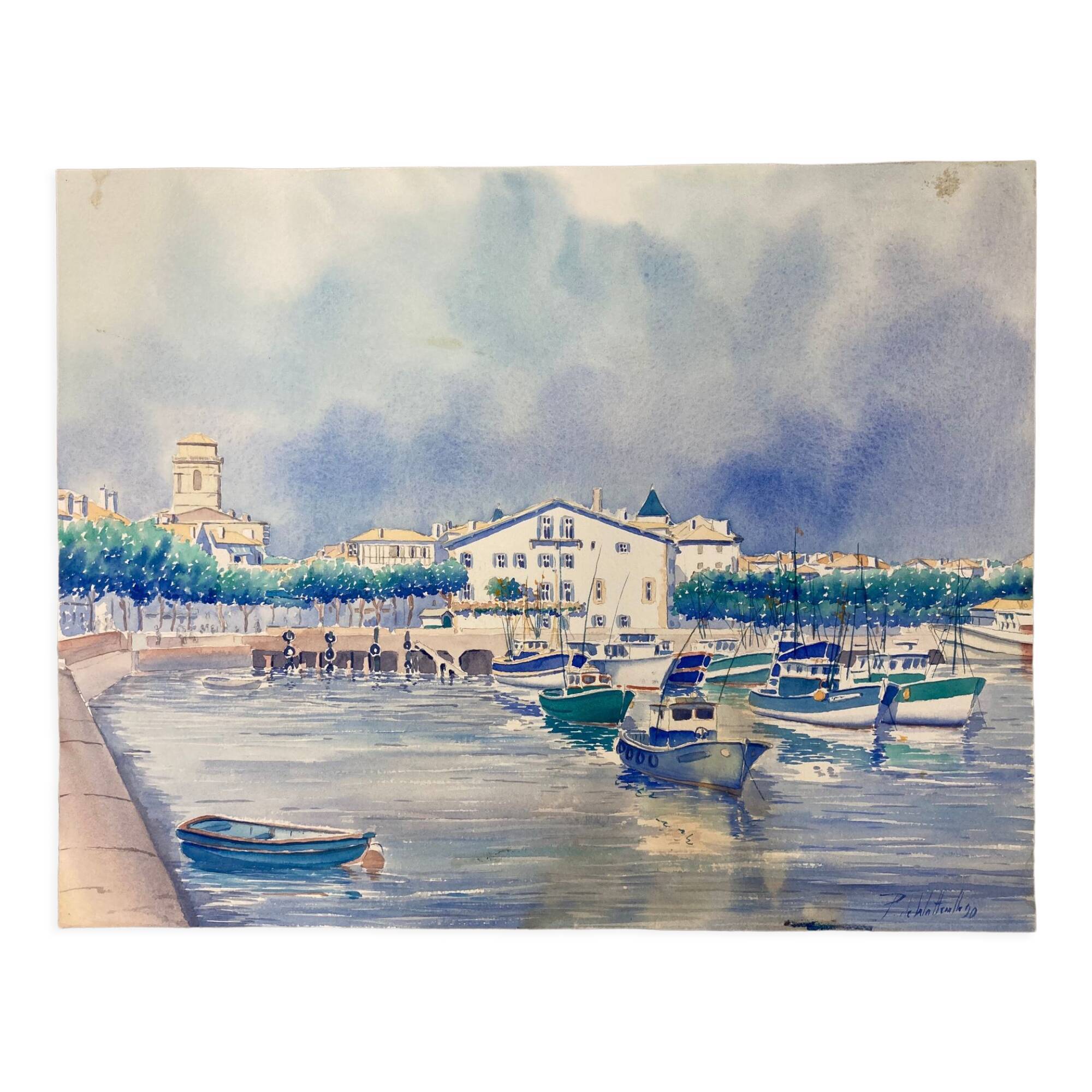Aquarelle Marine Vintage Port de Saint-Jean-de-Luz