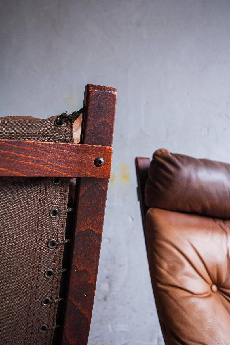 Siesta armchair by Ingmar Relling with ottoman — bentwood dark brown frame, cognac leather