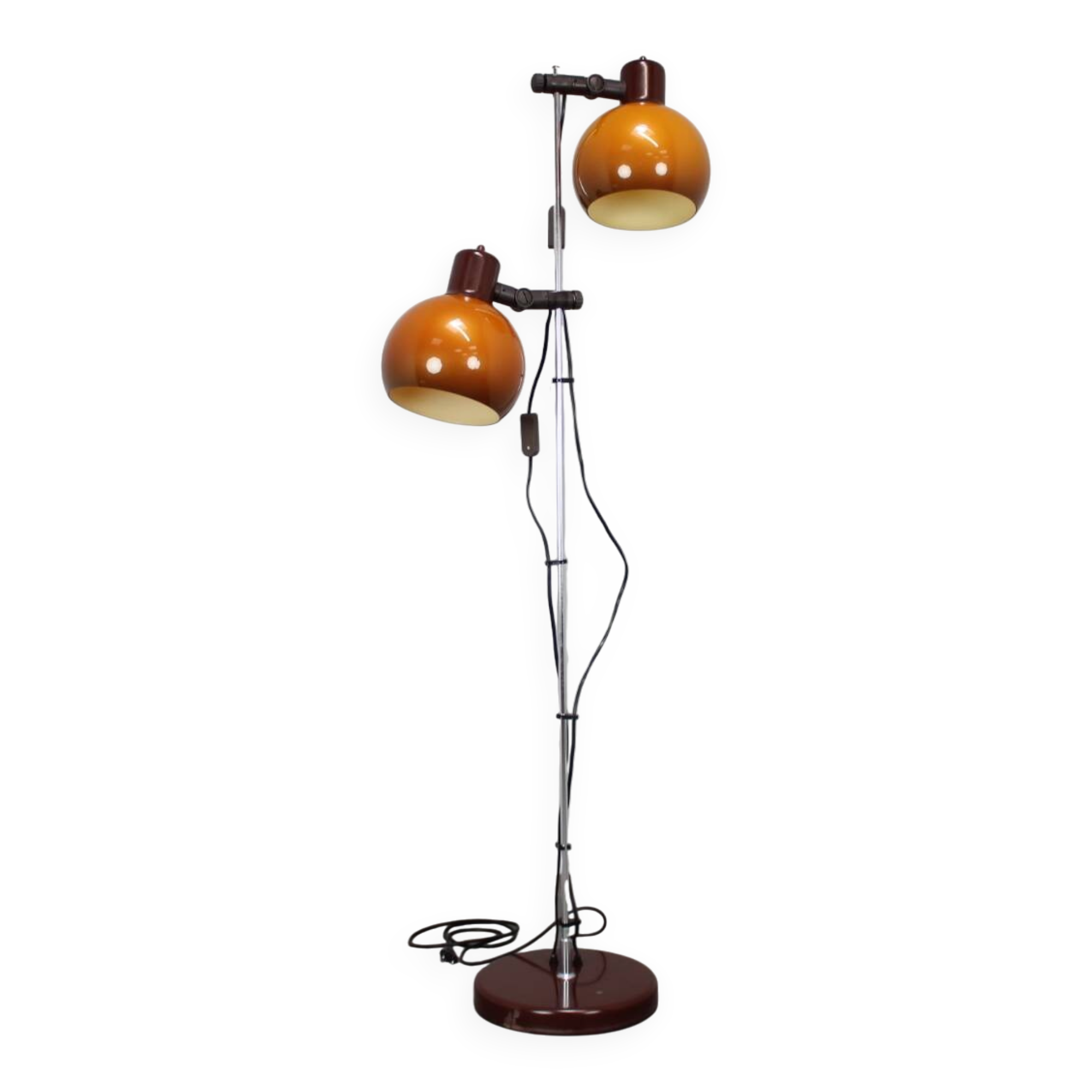Vintage Hungarian adjustable floor lamp with two orange globe shades, circa 1970.