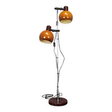 Vintage Hungarian adjustable floor lamp with two orange globe shades, circa 1970.