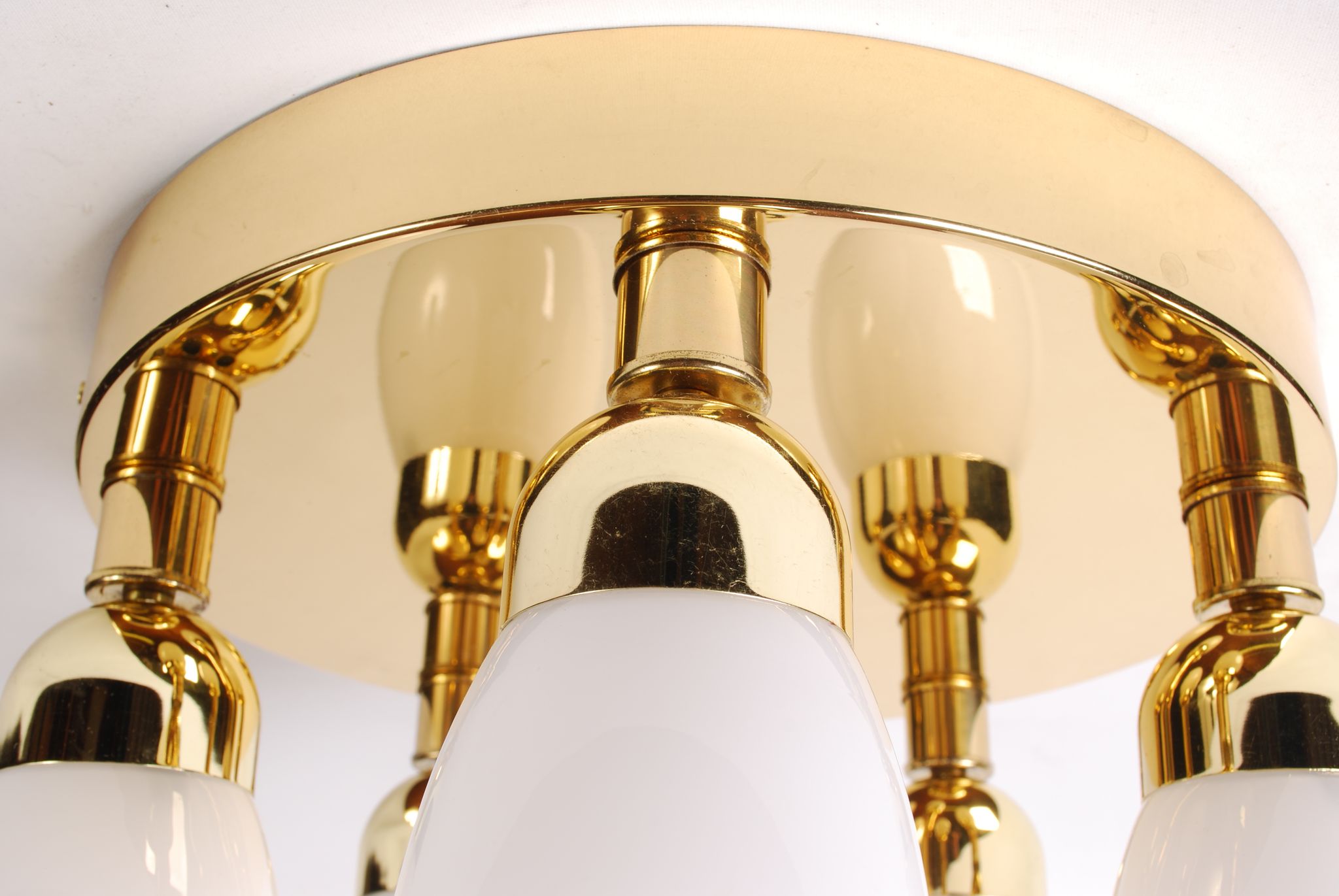 sputnik flush mount, atomic brass ceiling fixture with six opaline cone shaped globes, 1970's