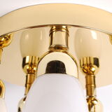 sputnik flush mount, atomic brass ceiling fixture with six opaline cone shaped globes, 1970's