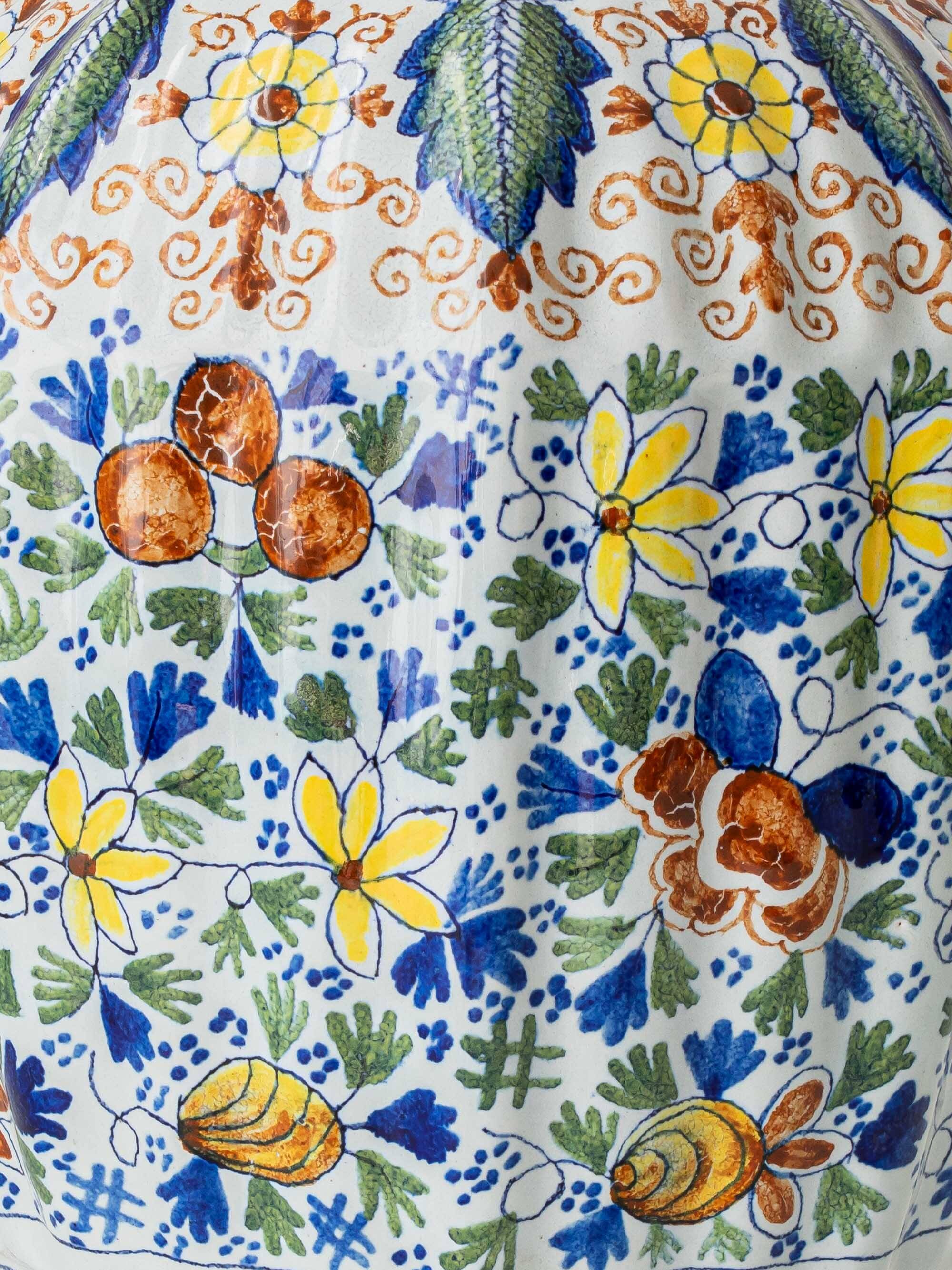 Polychrome Dutch Delft Table Lamp, Tichelaar Makkum, with New Loose Pleat Silk Shade
