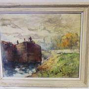 Oil on canvas "barge on the banks of the Seine"