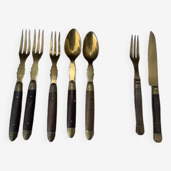Set of 7 cutlery in wood and gilded and chiseled metal, cutlery for children, old and collectors