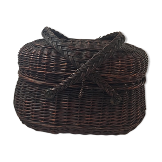 Panier ancien en osier noir tressé