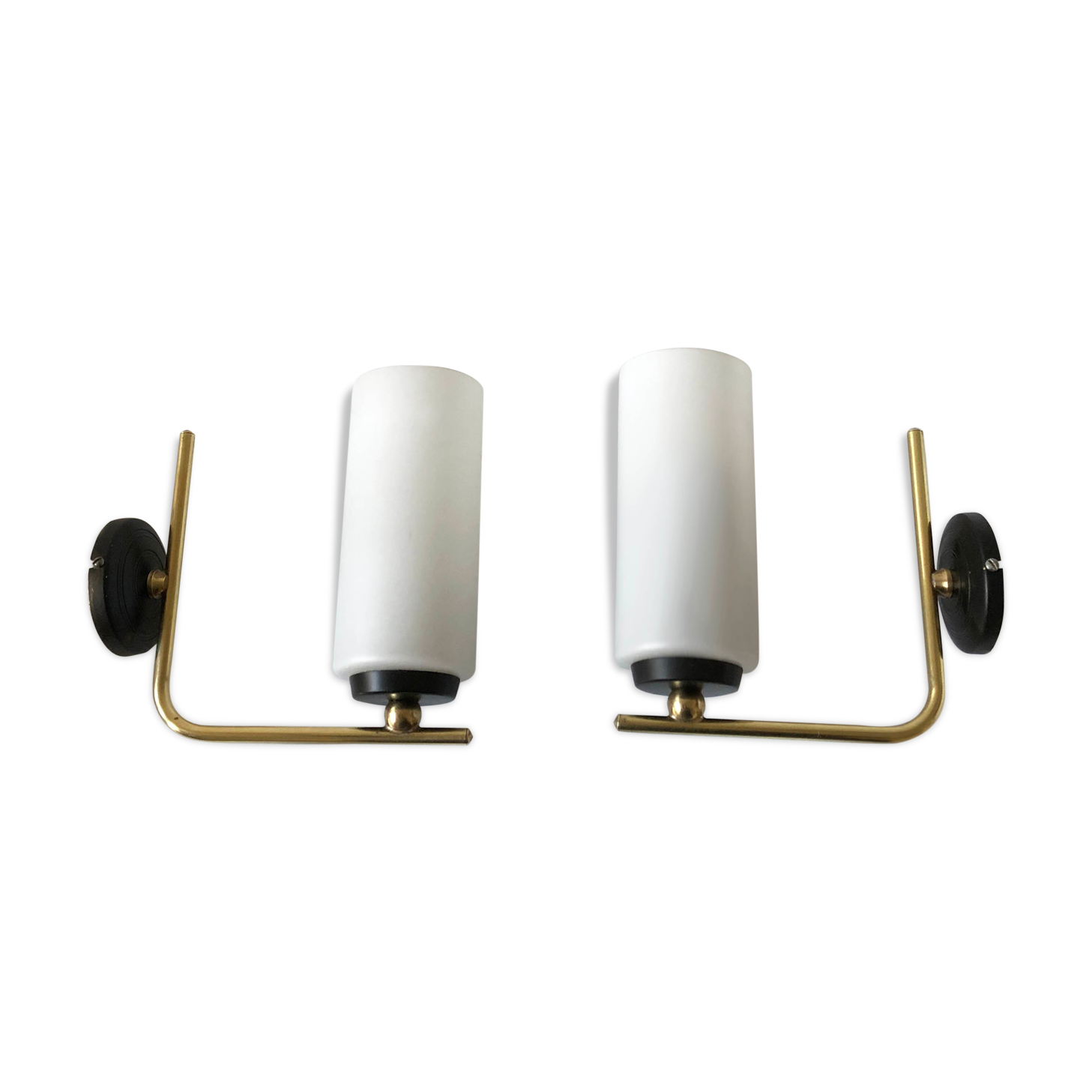 Pair of brass tube wall light and 1960s opalin glass