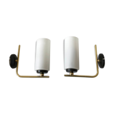 Pair of brass tube wall light and 1960s opalin glass