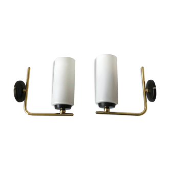 Pair of brass tube wall light and 1960s opalin glass