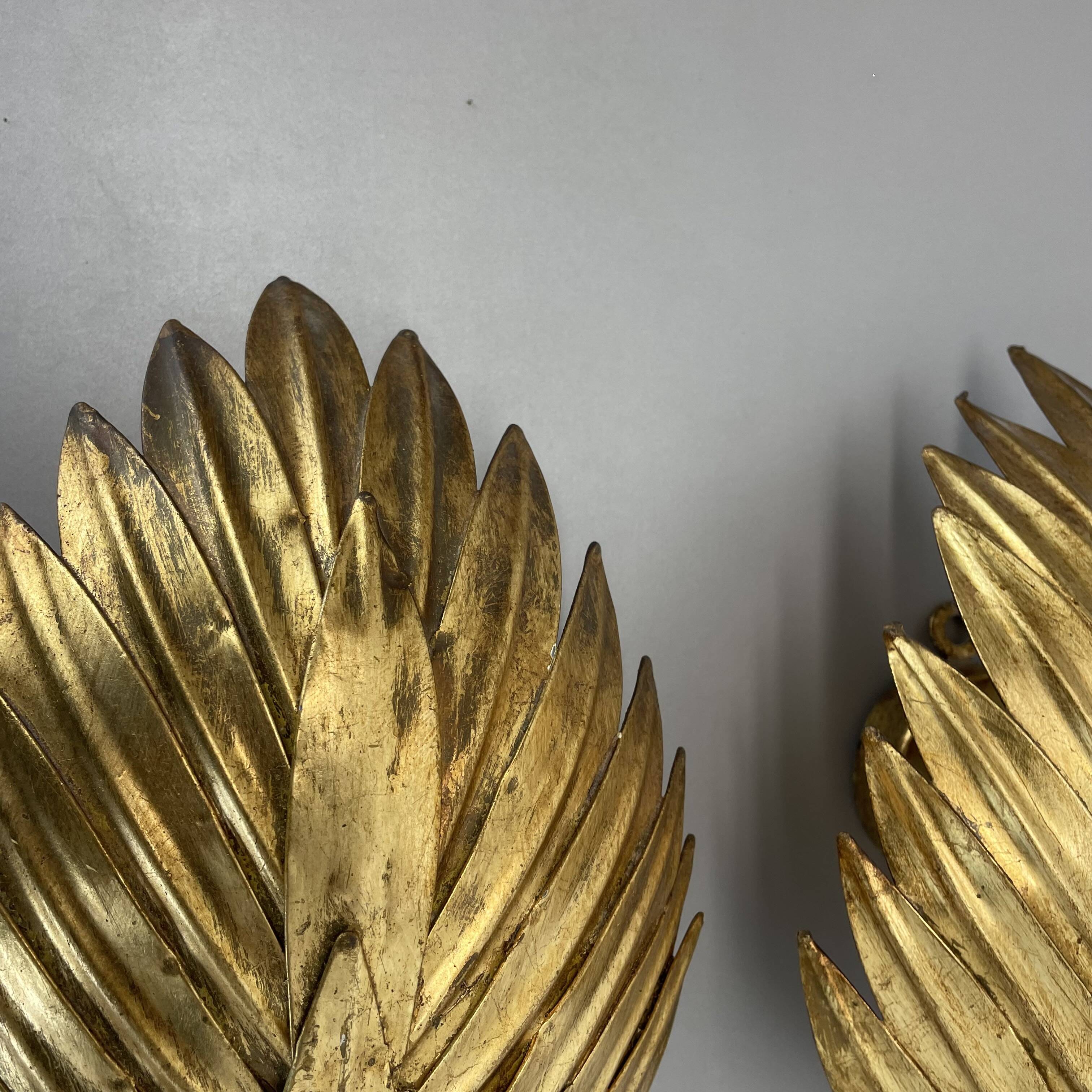Set of 2 hans kögl style golden florentiner leaf wall light sconces, italy, 1980