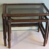 Suite de 2 tables d'appoint en bambou des années 1970