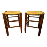 Pair of beech stools with straw seats