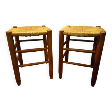 Pair of beech stools with straw seats