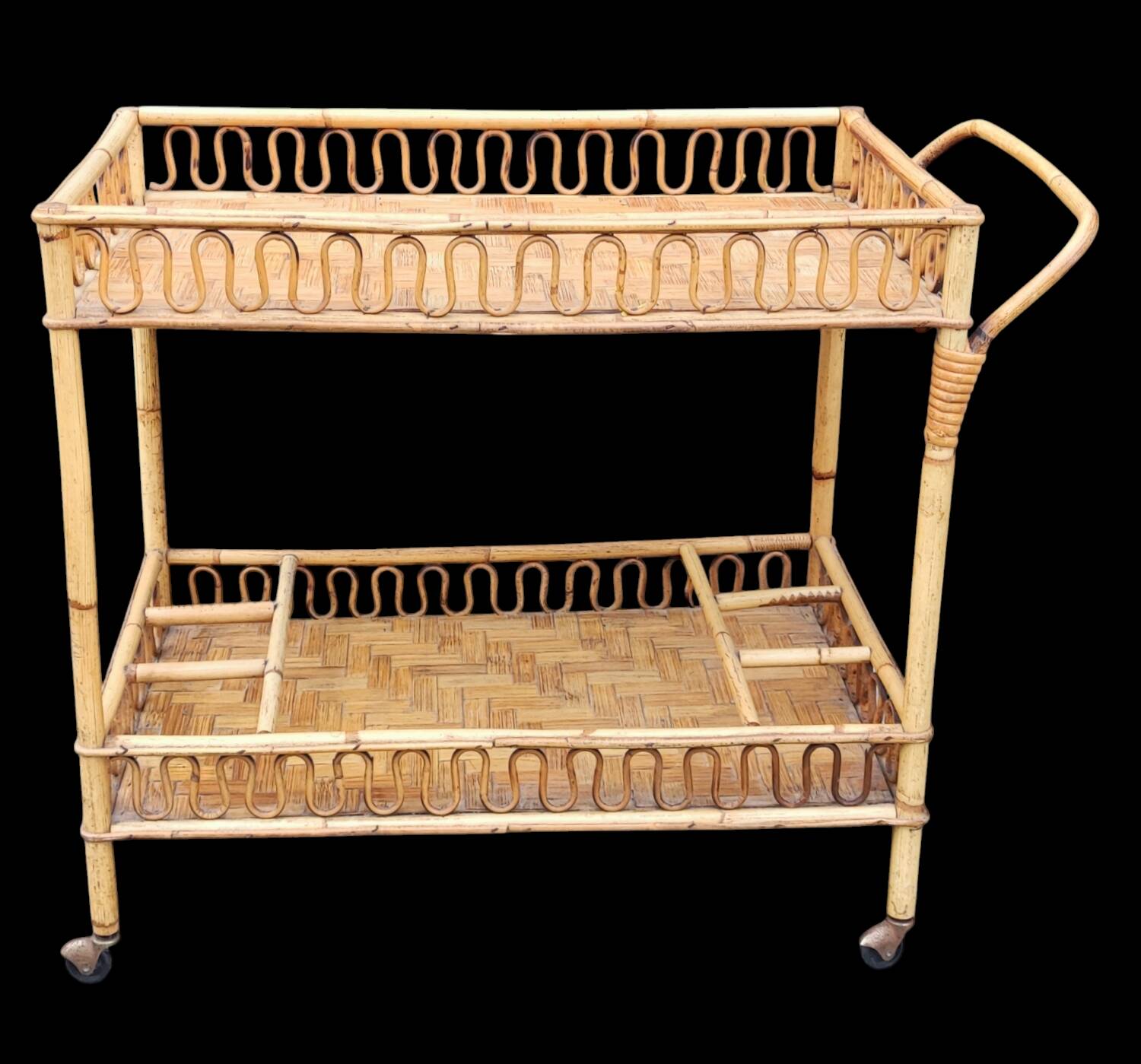 Vintage rattan bar trolley rolling serving cart