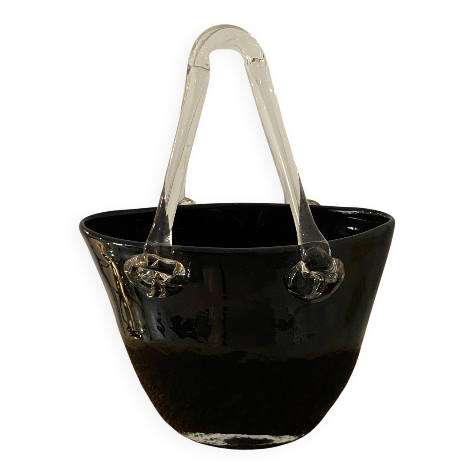Basket Vase "Handbag" in Blown Glass – Black & Transparent
