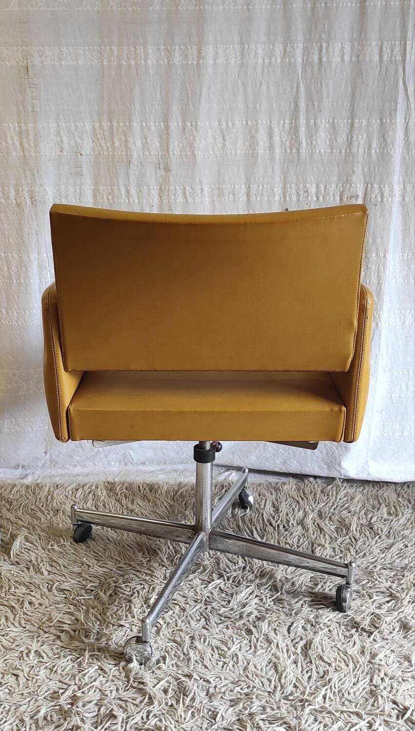 Modernist office armchair in yellow faux leather - 1950s