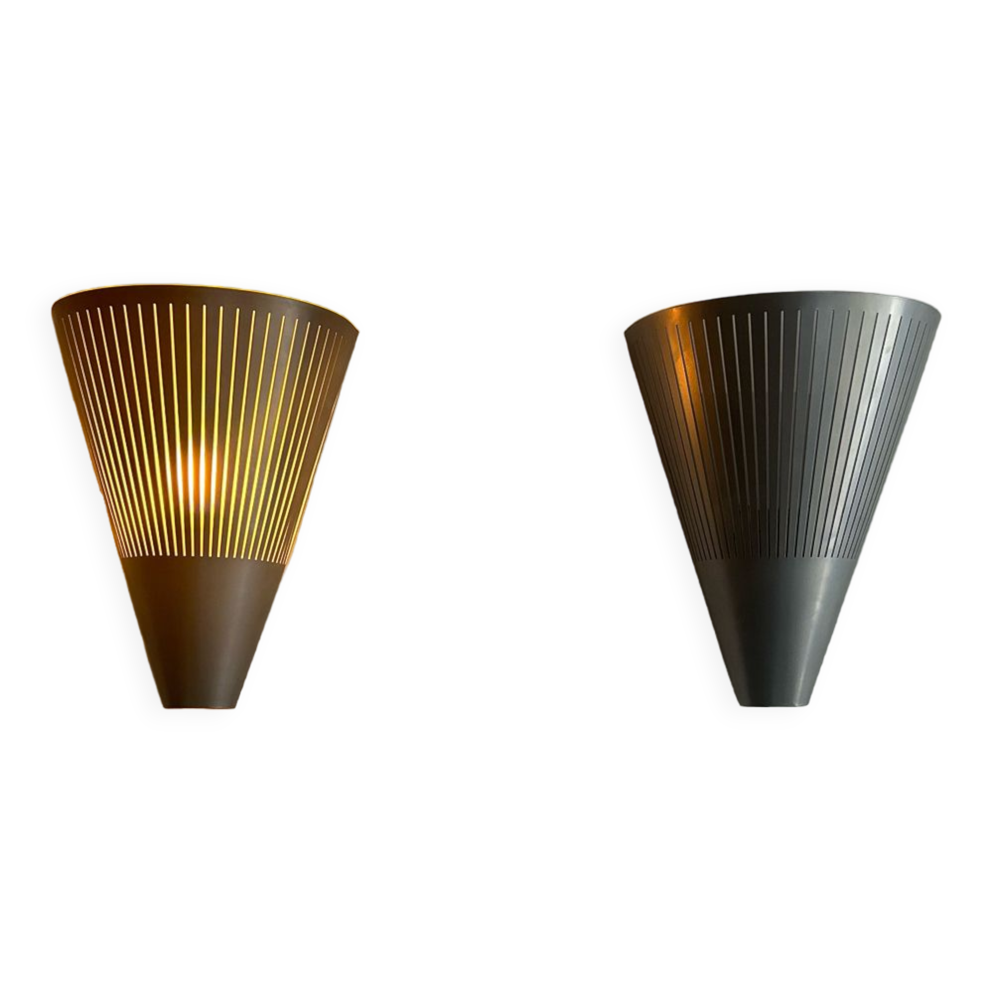 Pair of vintage conical wall lights, ribbed metal, Sweden 1970