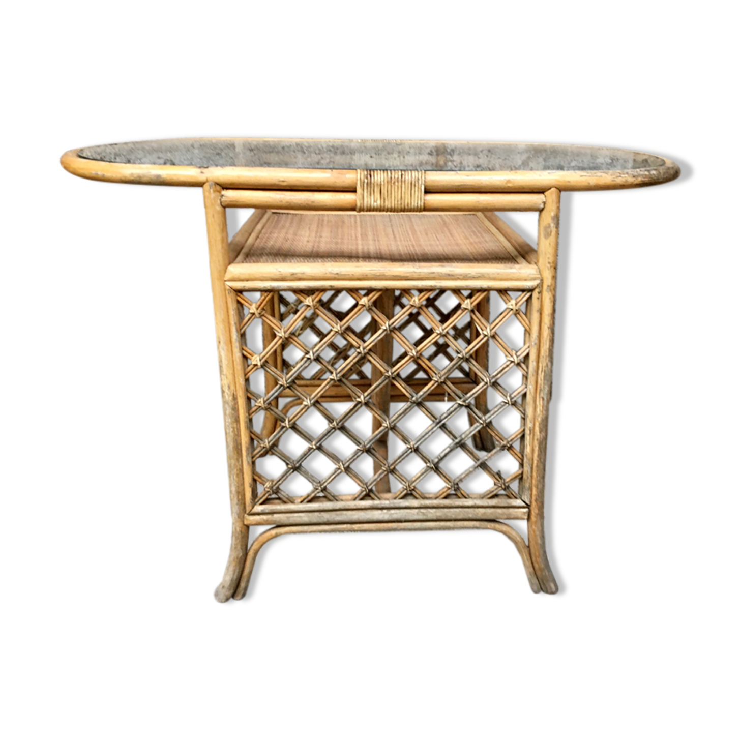 Table de repas à manger en verre et rotin