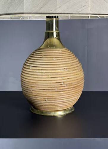 Large midcentury pencil reed rattan bamboo mushroom table lamp, 1970s