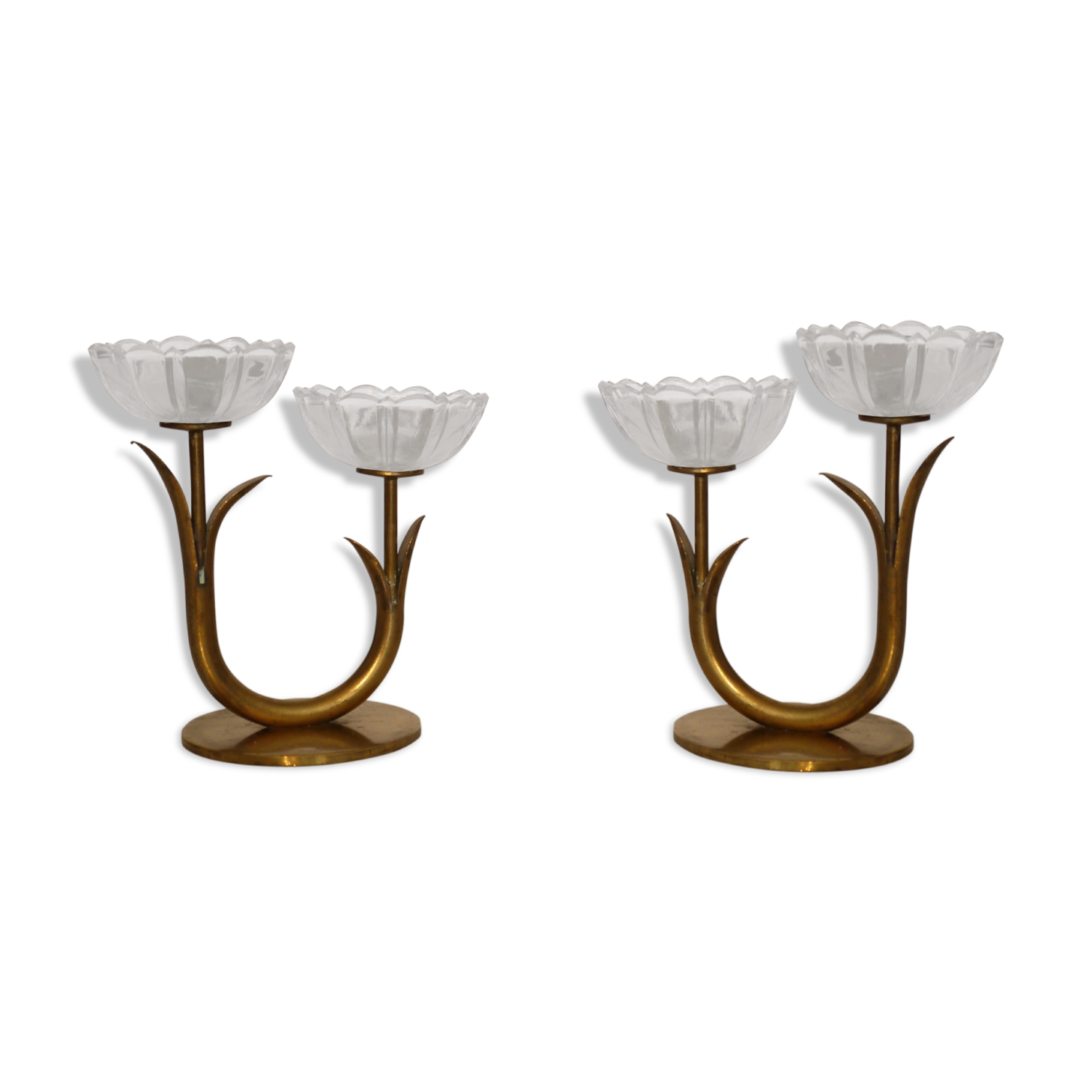 Pair of Scandinavian candlesticks made of brass and glass