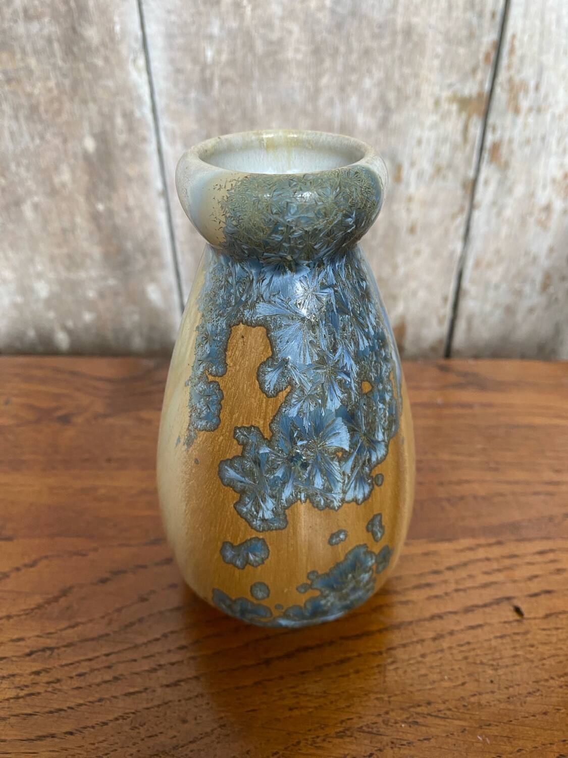 Old mougin style vase ceramic beige crystallized enamel blue france