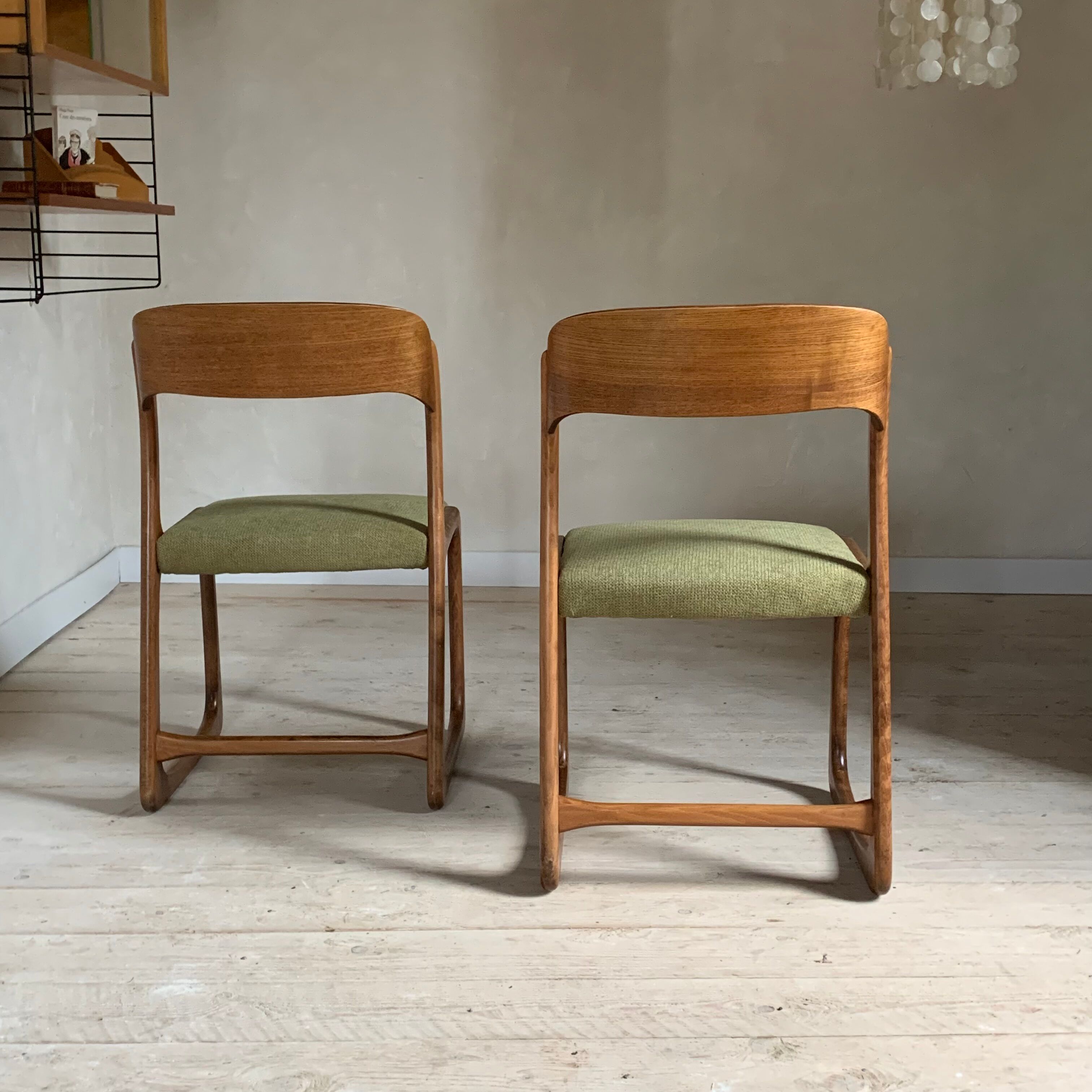 Baumann vintage sled chairs in ash and linden green velvet fabric