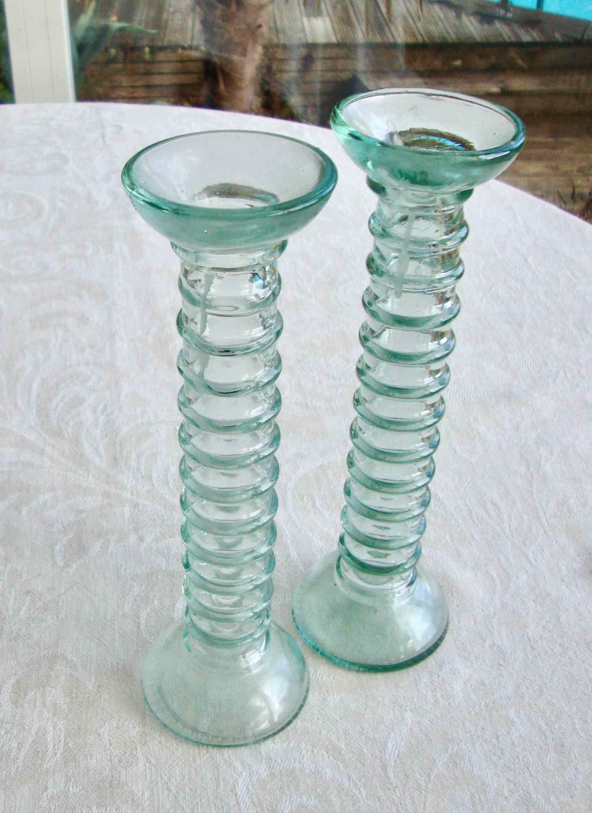 2 twisted glass candle holders