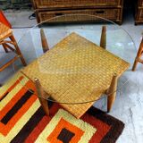 Vintage coffee table in woven wicker and rattan glass from the 60s/70s