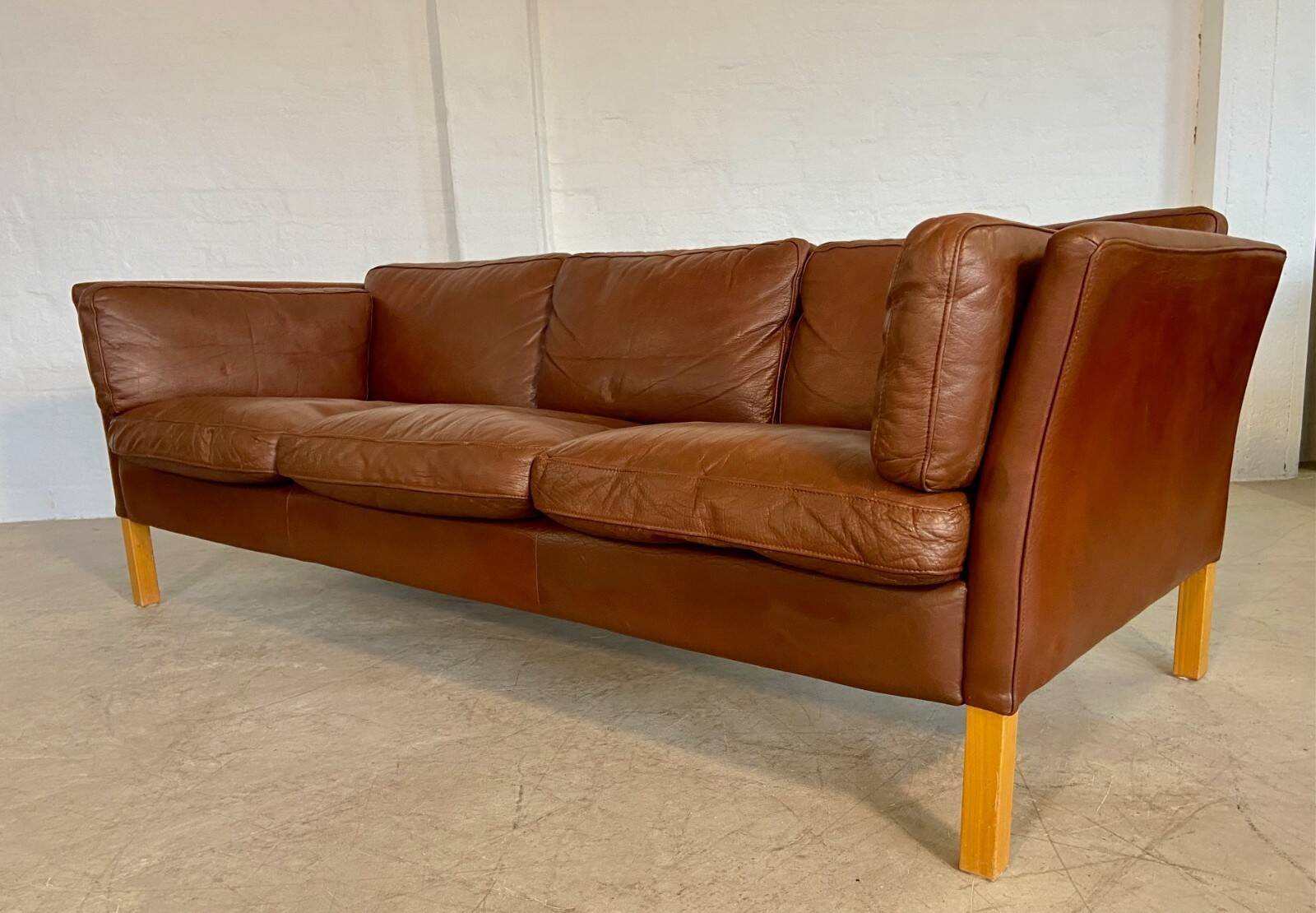 Danish mid-century vintage Mogens Hansen cognac brown leather sofa 60s