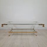 Table basse carrée en laiton, lucite et verre, Hollywood Regency